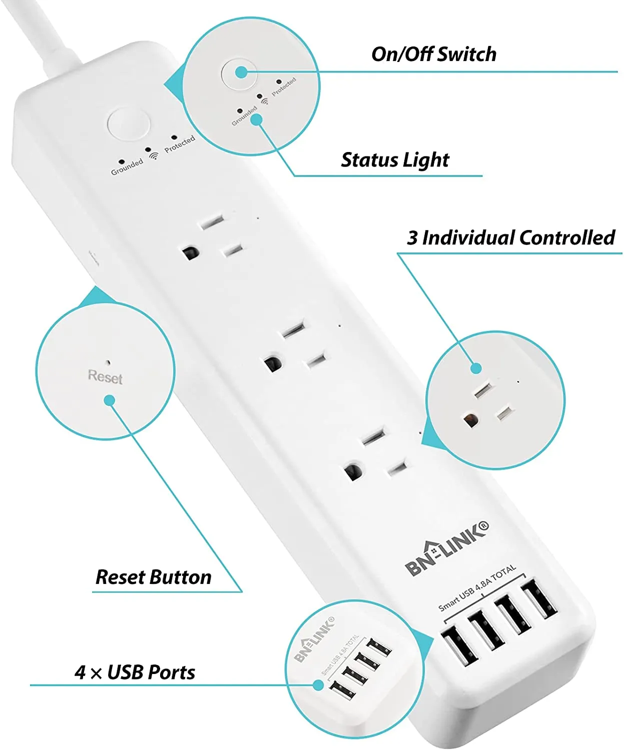 3 Outlets Smart Wifi Power Strip Compatible with Alexa Google Home Surge Protector BN-LINK