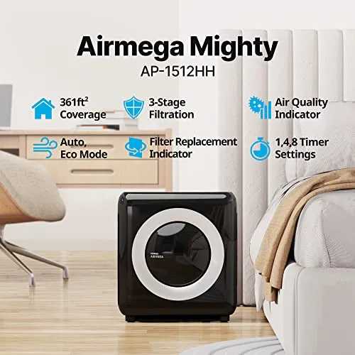 Coway Airmega AP-1512HH True HEPA Air Purifier with Air Quality Monitoring, Auto Mode, Timer, Filter Indicator, Eco Mode