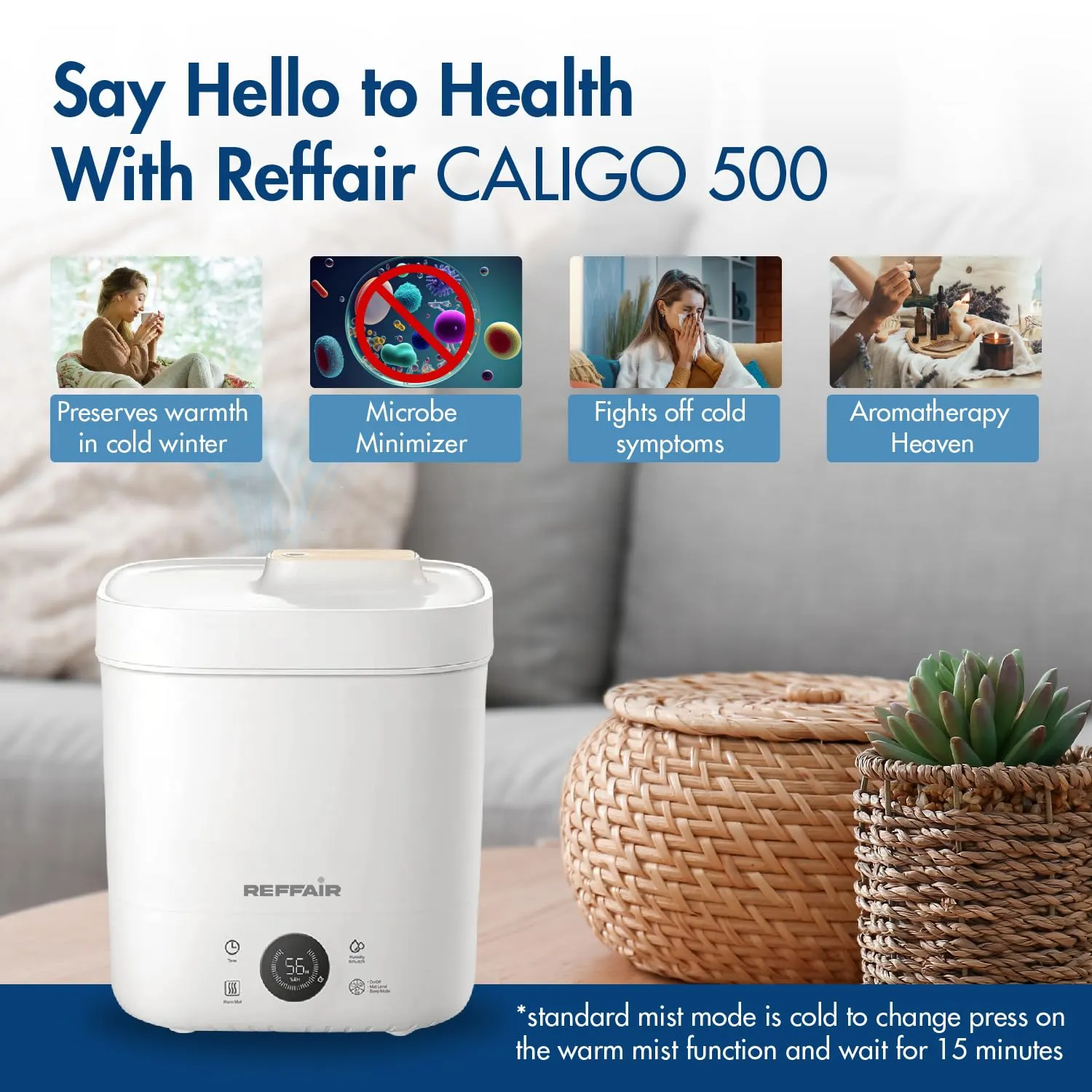 Reffair Caligo 500 Smart Ultrasonic Humidifier | Cool & Warm Mist With Timer Function - Work All Seasons | Top-Fill Design & Led Display | Aroma Oil Diffuser | Automatic Mode (White Wood) - 4 L