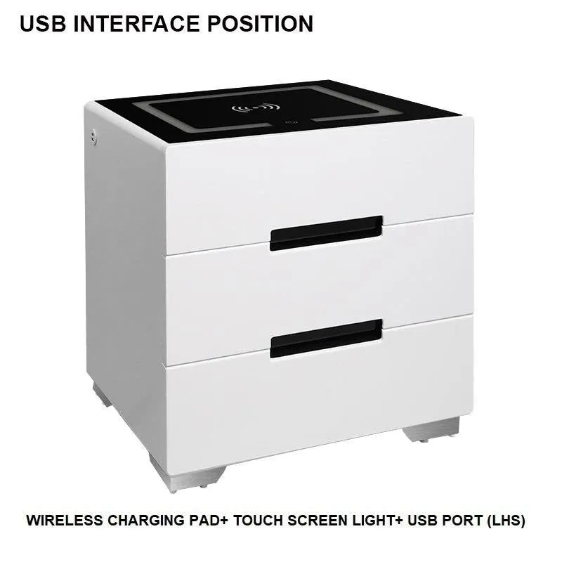 Smart Bedside Tables Side 3 Drawers Wireless Charging Nightstand LED Light USB Left Hand Connection