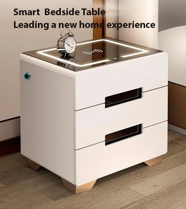 Smart Bedside Tables Side 3 Drawers Wireless Charging Nightstand LED Light USB Left Hand Connection