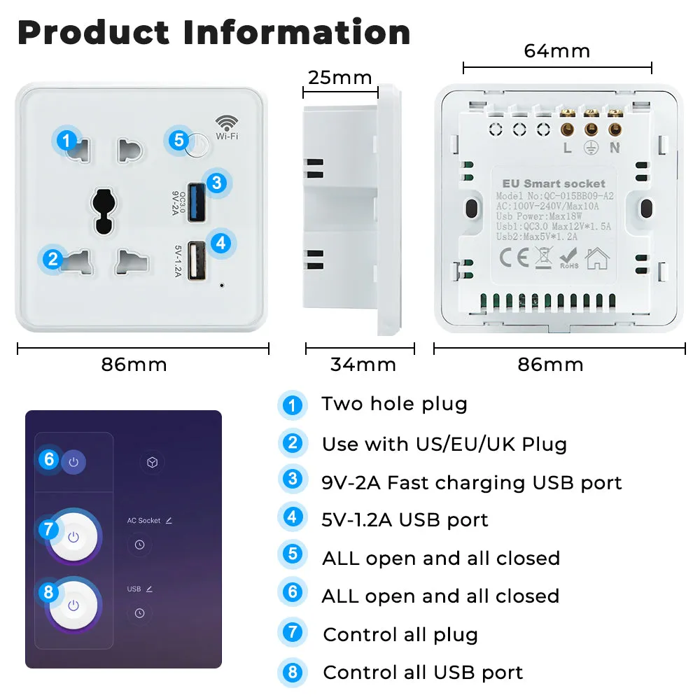 SMATRUL Wifi Wall Universal Outlet with 2 USB Port with Timer APP Remote Control Voice Control (10A, US)