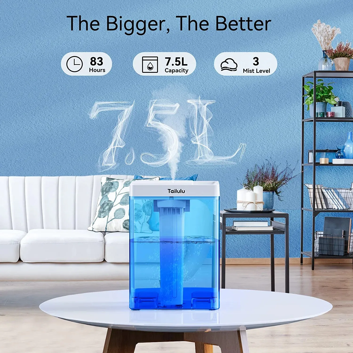 Tailulu 7.5L Humidifiers for Bedroom Large Room, 1.98 Gal Top Fill Cool Mist Air Humidifier for Baby Plants Home