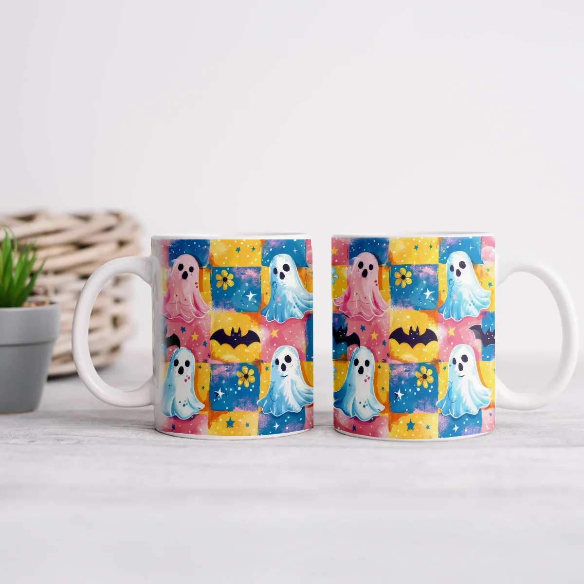 Teesdily | Flower Cute Ghost Ceramic Mug, Happy Halloween Ceramic Mug, Halloween Decor Gifts, Spooky Ghost Mug, Boo Cute Mug