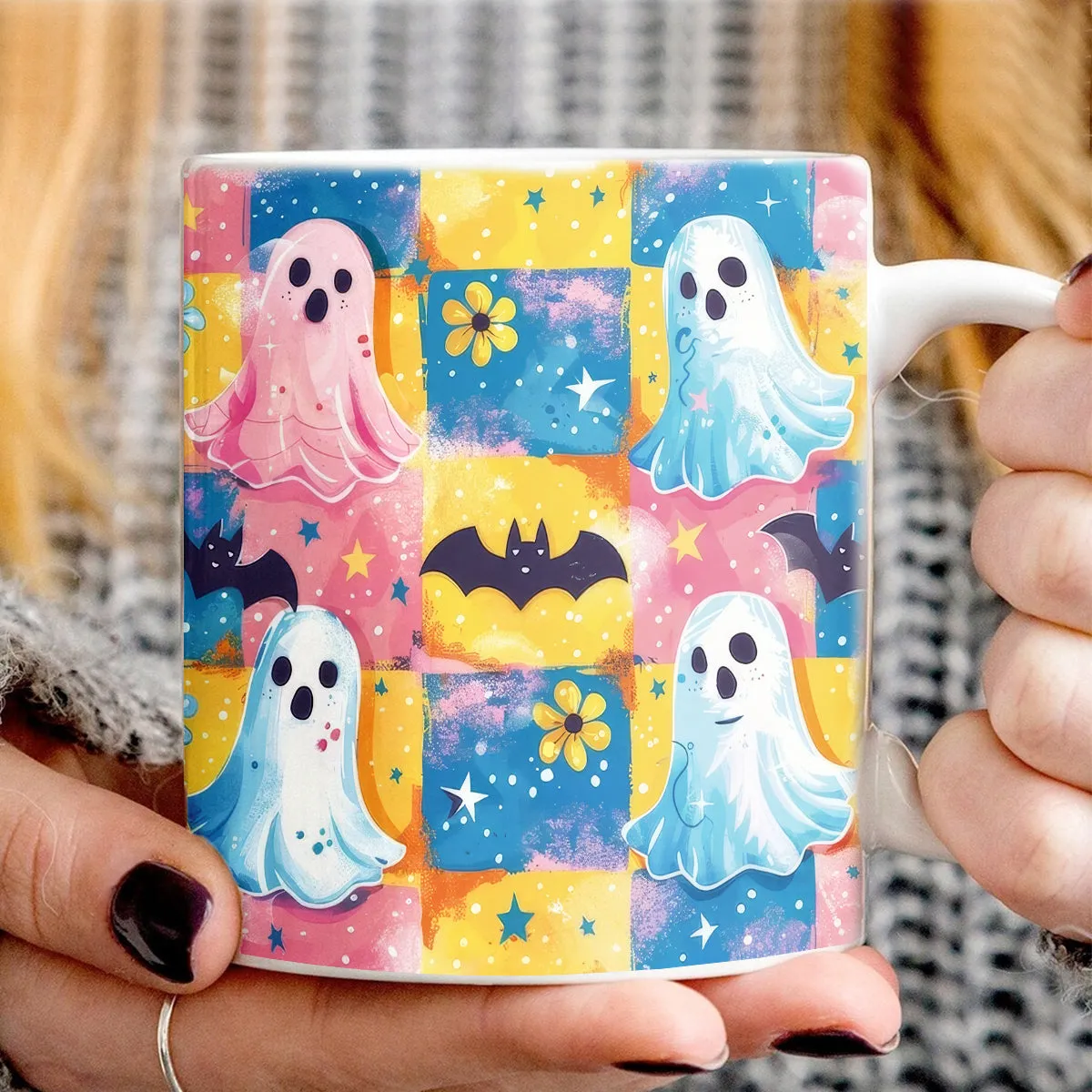 Teesdily | Flower Cute Ghost Ceramic Mug, Happy Halloween Ceramic Mug, Halloween Decor Gifts, Spooky Ghost Mug, Boo Cute Mug